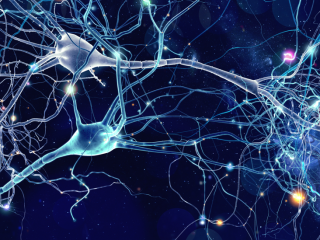 Interconnected neurons against a blue background